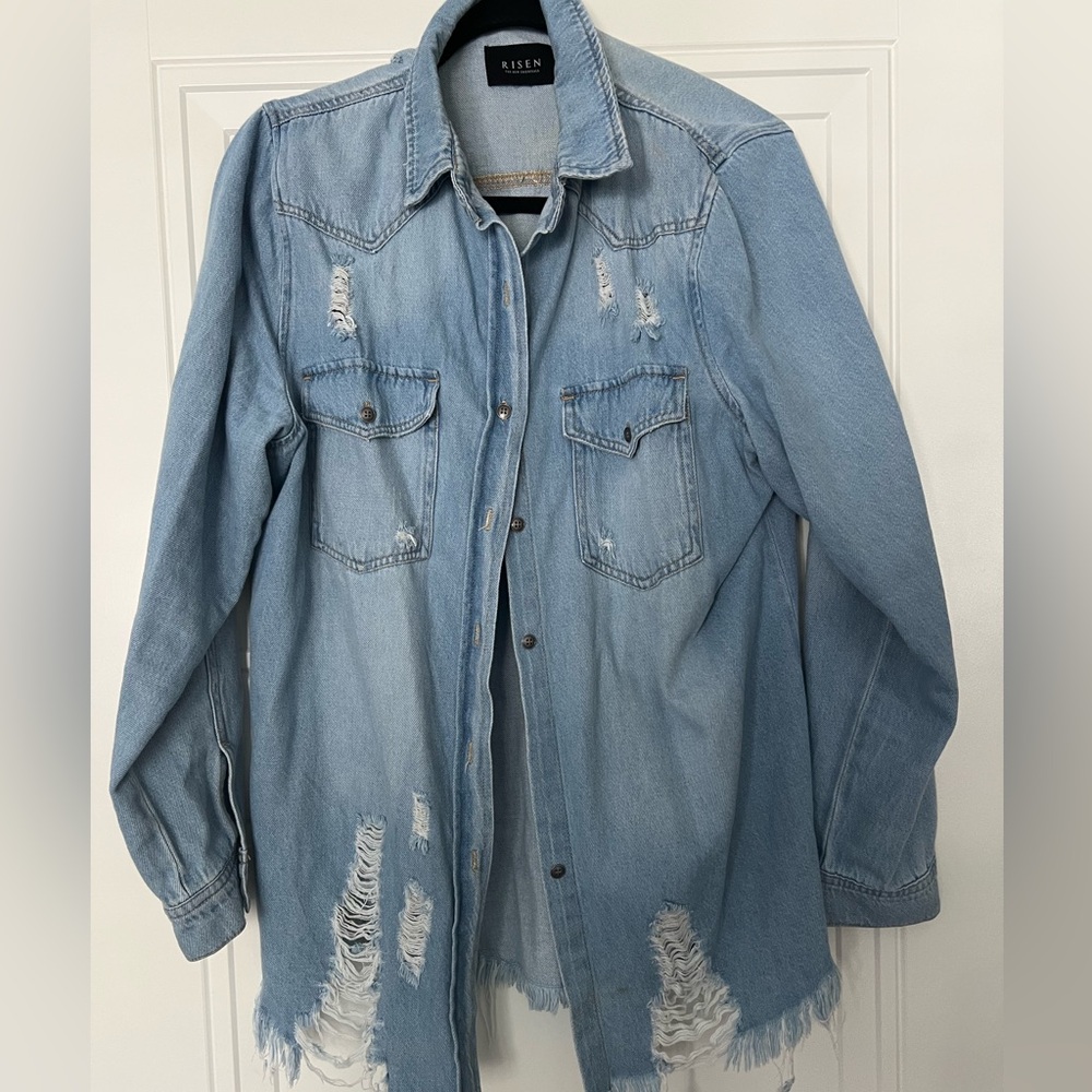 Distressed Denim shacket 
Risen brand